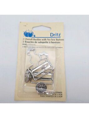 Dritz 2 Overall Buckles With No-Sew Buttons For 1" Straps Silver Tone Vintage